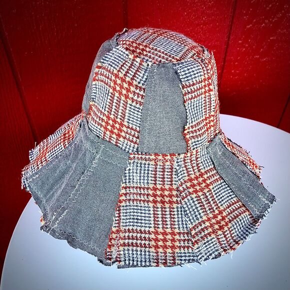 Vintage Houndstooth Fabric Patchwork Floppy Hat Upcycled Wearable Art - One Size